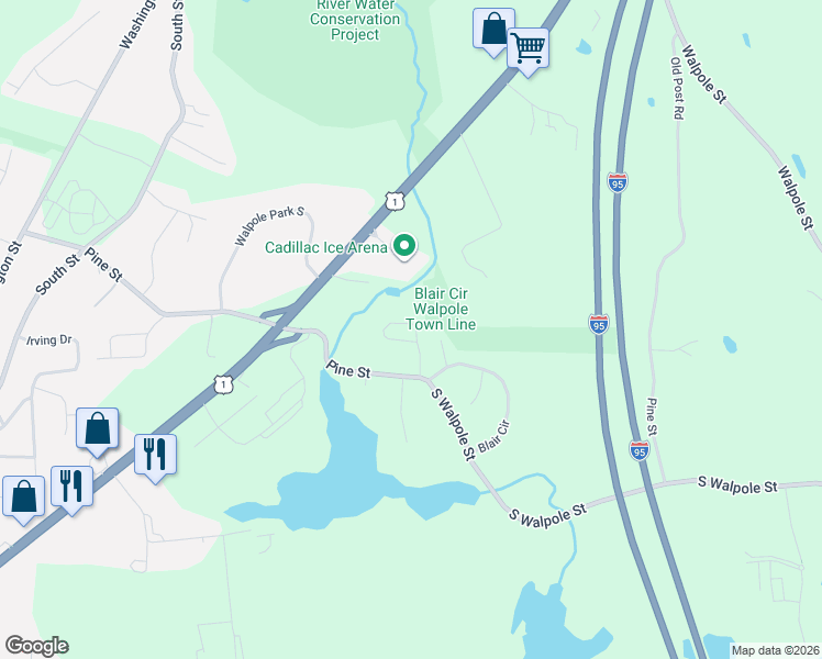 map of restaurants, bars, coffee shops, grocery stores, and more near 51 Fillmore Lane in Walpole