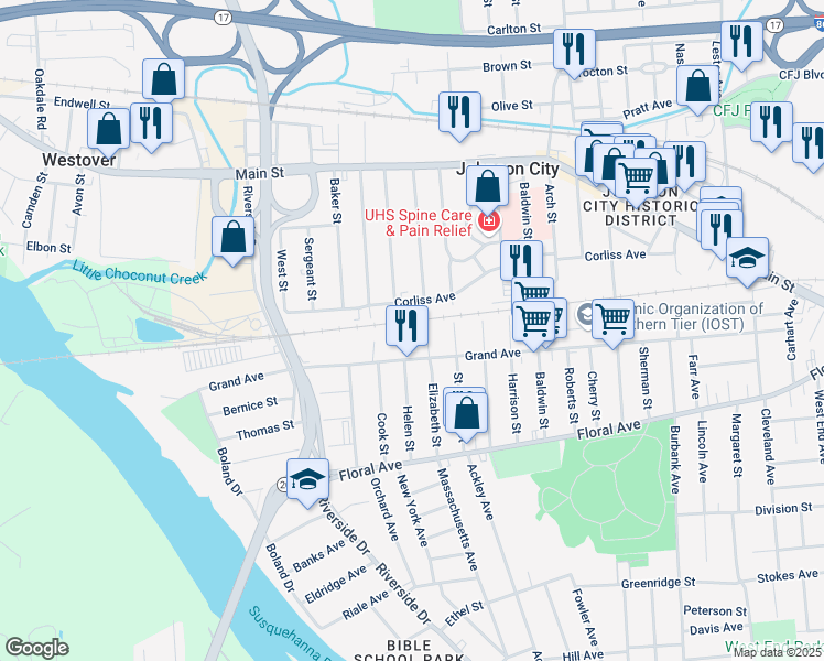map of restaurants, bars, coffee shops, grocery stores, and more near 13 Bennett Ave in Johnson City