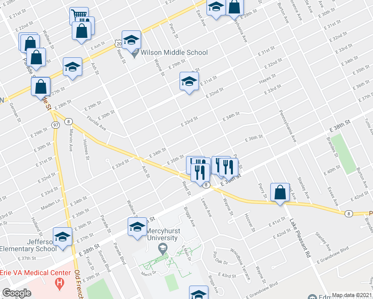 map of restaurants, bars, coffee shops, grocery stores, and more near 738 East 35th Street in Erie