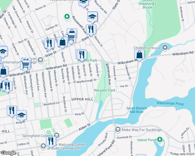 map of restaurants, bars, coffee shops, grocery stores, and more near 128 Marlborough Street in Springfield