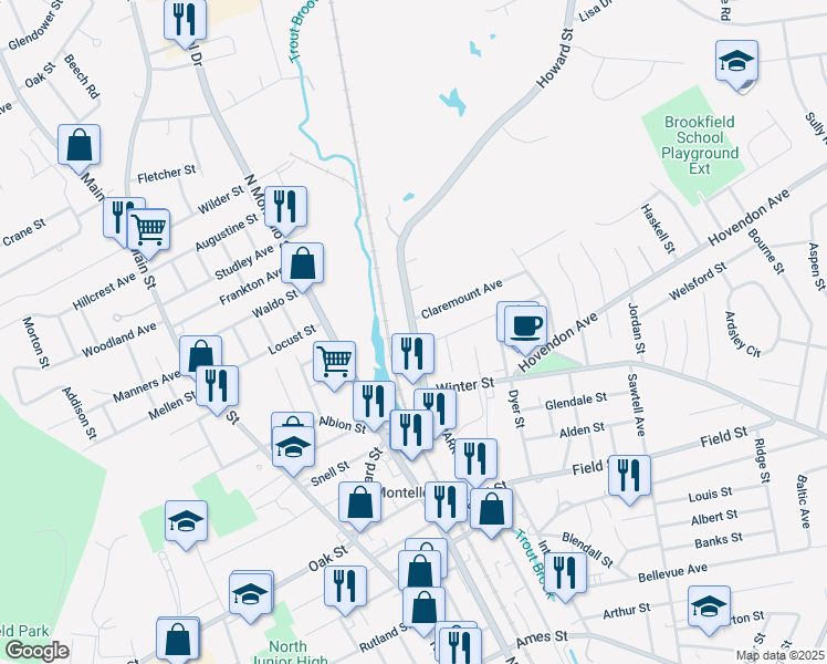 map of restaurants, bars, coffee shops, grocery stores, and more near 192 Howard Street in Brockton