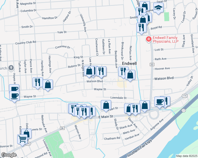 map of restaurants, bars, coffee shops, grocery stores, and more near 3013 Watson Boulevard in Endicott