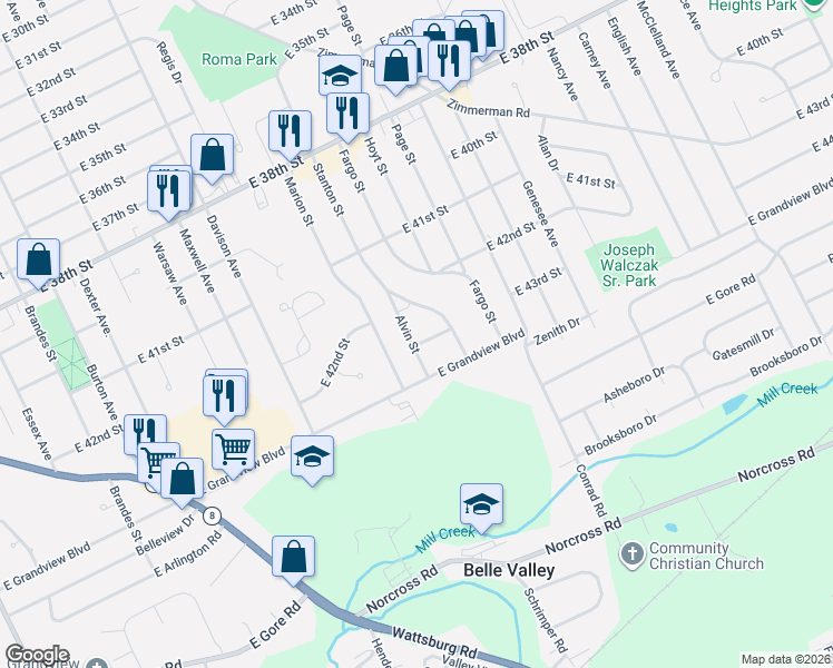 map of restaurants, bars, coffee shops, grocery stores, and more near 4231 Alvin St in Erie