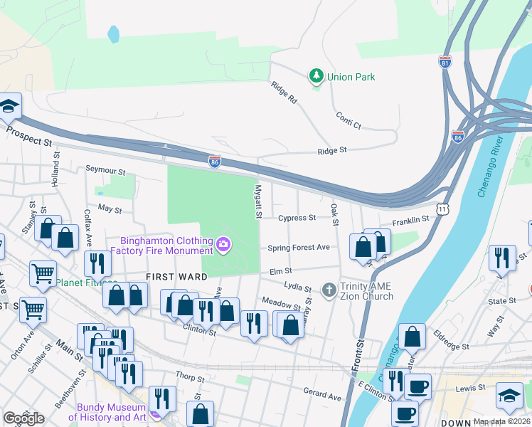 map of restaurants, bars, coffee shops, grocery stores, and more near 38 Cypress Street in Binghamton