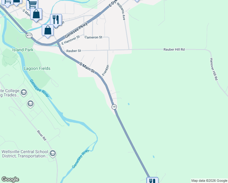 map of restaurants, bars, coffee shops, grocery stores, and more near 477 South Main Street in Wellsville