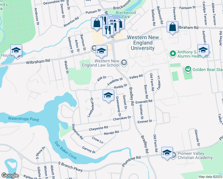 map of restaurants, bars, coffee shops, grocery stores, and more near 85 Keddy Street in Springfield