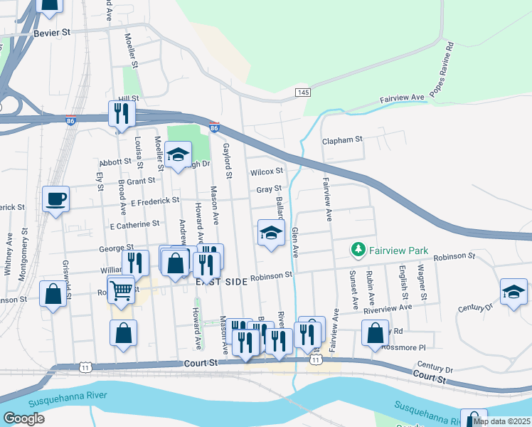 map of restaurants, bars, coffee shops, grocery stores, and more near 6 Chamberlain Street in Binghamton