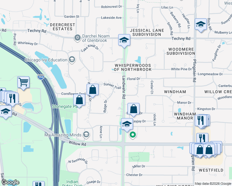 map of restaurants, bars, coffee shops, grocery stores, and more near 2305 Ridge Drive in Northbrook