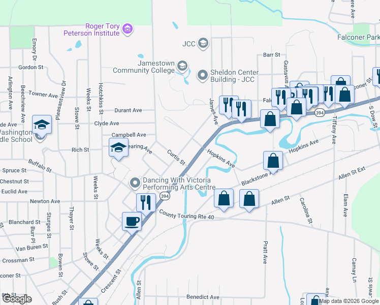 map of restaurants, bars, coffee shops, grocery stores, and more near 1101 East 2nd Street in Jamestown
