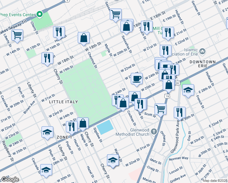 map of restaurants, bars, coffee shops, grocery stores, and more near 348 West 24th Street in Erie