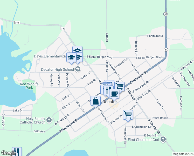 map of restaurants, bars, coffee shops, grocery stores, and more near 100 Pine Street in Decatur