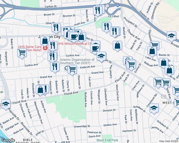 map of restaurants, bars, coffee shops, grocery stores, and more near 83 Grand Avenue in Johnson City