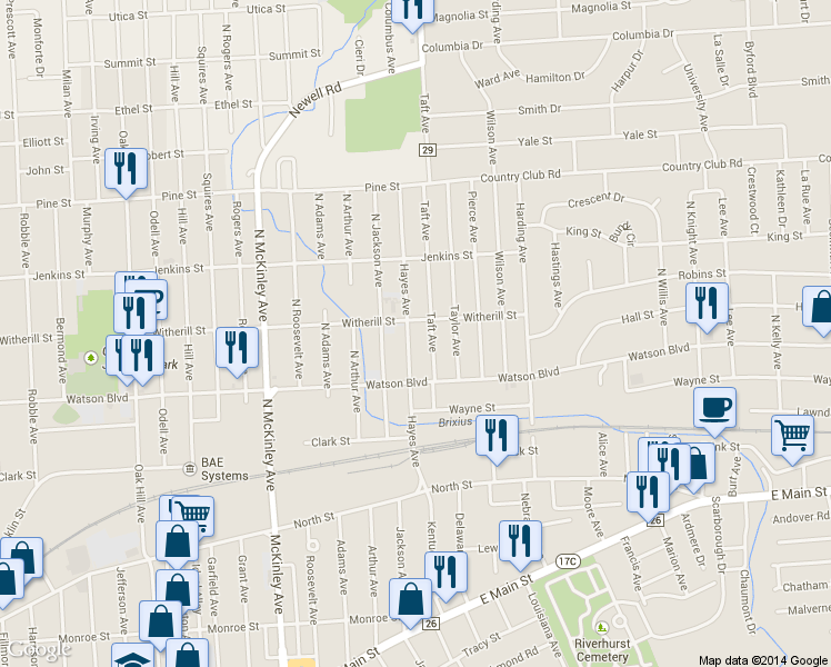 map of restaurants, bars, coffee shops, grocery stores, and more near 120 Hayes Ave in Endicott