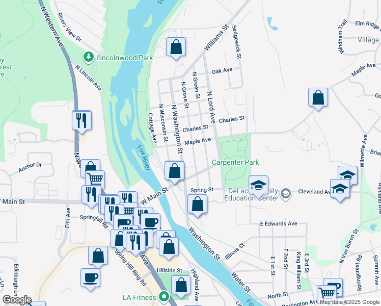 map of restaurants, bars, coffee shops, grocery stores, and more near 39 North Grove Street in Carpentersville
