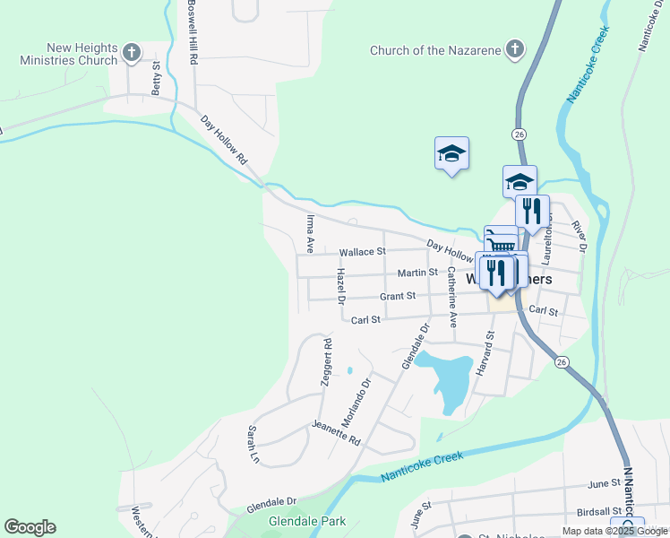 map of restaurants, bars, coffee shops, grocery stores, and more near 1205 Hazel Drive in Endicott