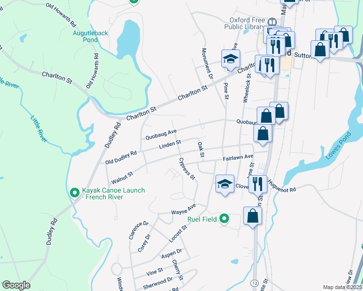 map of restaurants, bars, coffee shops, grocery stores, and more near 25 Cypress Street in Oxford