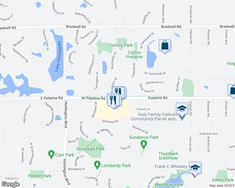 map of restaurants, bars, coffee shops, grocery stores, and more near 4809 Turnberry Drive in Hoffman Estates