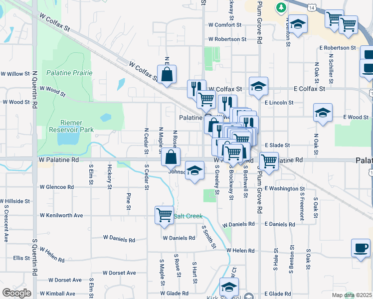 map of restaurants, bars, coffee shops, grocery stores, and more near 237 W Slade St in Palatine