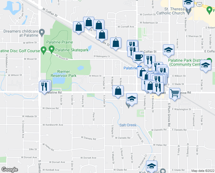 map of restaurants, bars, coffee shops, grocery stores, and more near 349 West Slade Street in Palatine