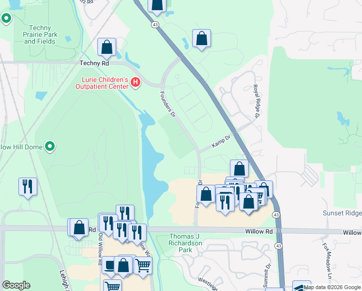 map of restaurants, bars, coffee shops, grocery stores, and more near 2220 Founders Drive in Northbrook