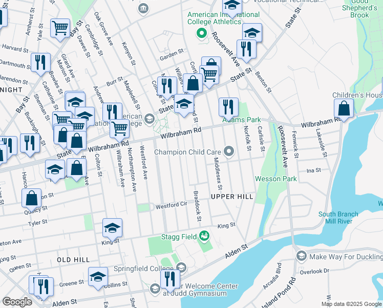map of restaurants, bars, coffee shops, grocery stores, and more near 48-50 Rochelle Street in Springfield