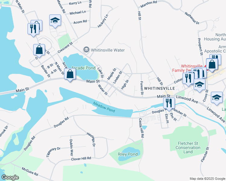 map of restaurants, bars, coffee shops, grocery stores, and more near 57 Oak Street in Northbridge