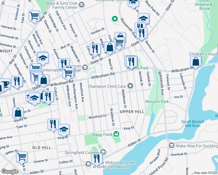 map of restaurants, bars, coffee shops, grocery stores, and more near 48-50 Rochelle Street in Springfield
