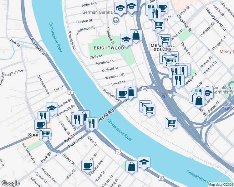 map of restaurants, bars, coffee shops, grocery stores, and more near 131 Riverside Road in Springfield
