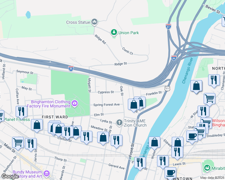 map of restaurants, bars, coffee shops, grocery stores, and more near 6 Cypress Street in Binghamton