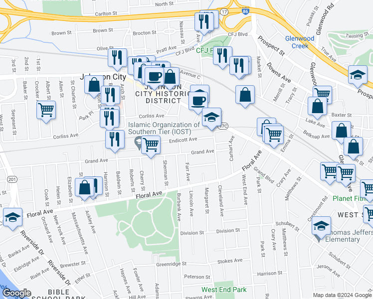 map of restaurants, bars, coffee shops, grocery stores, and more near 71 Grand Avenue in Johnson City