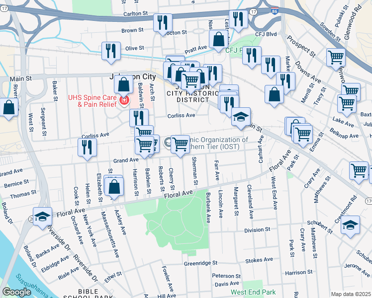 map of restaurants, bars, coffee shops, grocery stores, and more near 131 Grand Avenue in Johnson City