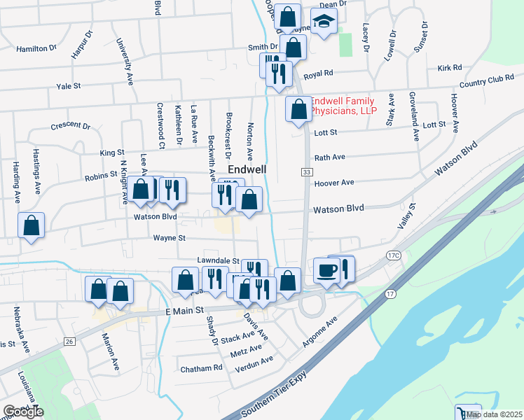 map of restaurants, bars, coffee shops, grocery stores, and more near 3409 Watson Boulevard in Endicott