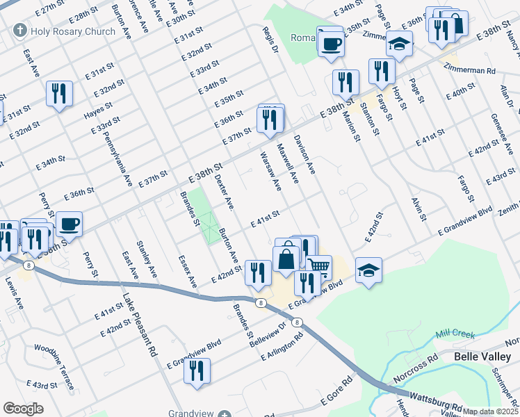 map of restaurants, bars, coffee shops, grocery stores, and more near 1290 East 41st Street in Erie