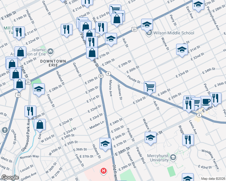 map of restaurants, bars, coffee shops, grocery stores, and more near 3102 Holmes Street in Erie