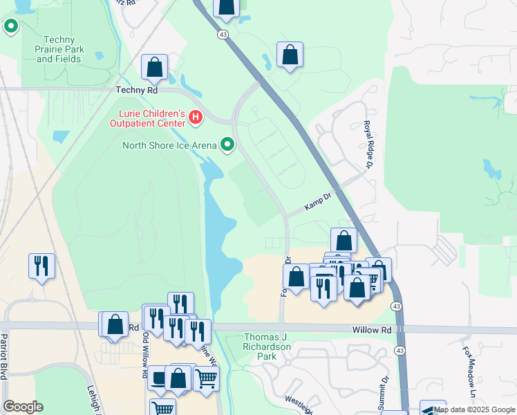 map of restaurants, bars, coffee shops, grocery stores, and more near 2301 Founders Drive in Northbrook