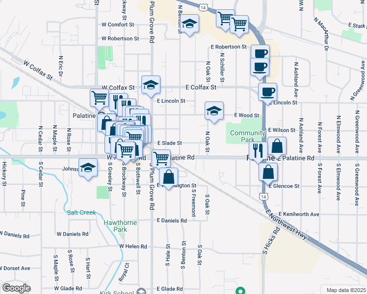 map of restaurants, bars, coffee shops, grocery stores, and more near 23 North Benton Street in Palatine