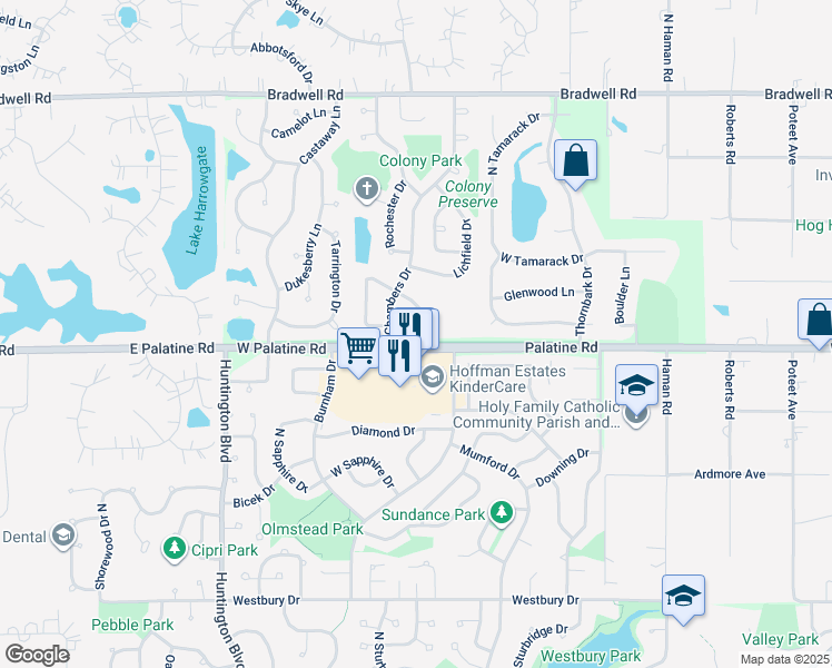 map of restaurants, bars, coffee shops, grocery stores, and more near 4809 Turnberry Drive in Hoffman Estates