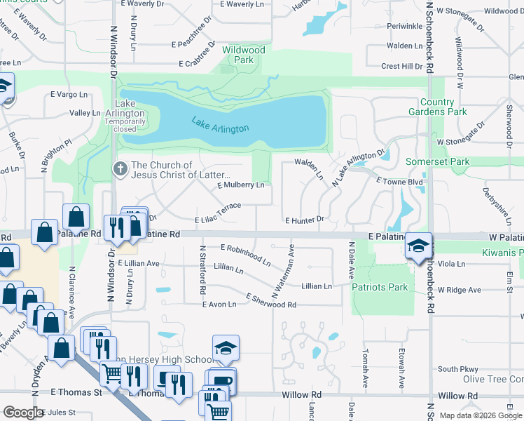 map of restaurants, bars, coffee shops, grocery stores, and more near 1929 North Birchwood Lane in Arlington Heights