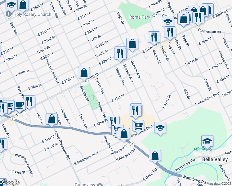 map of restaurants, bars, coffee shops, grocery stores, and more near 1290 East 41st Street in Erie