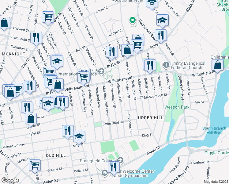 map of restaurants, bars, coffee shops, grocery stores, and more near 37-39 Dunmoreland Street in Springfield