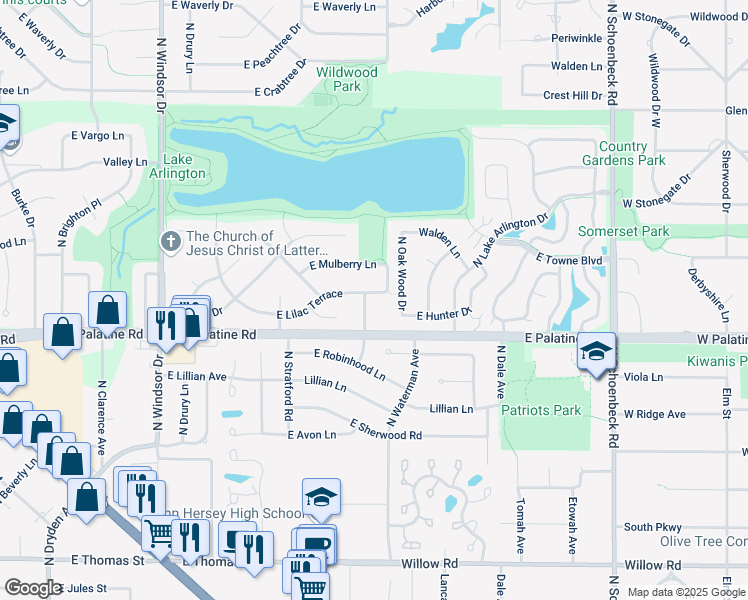 map of restaurants, bars, coffee shops, grocery stores, and more near 1929 North Birchwood Lane in Arlington Heights