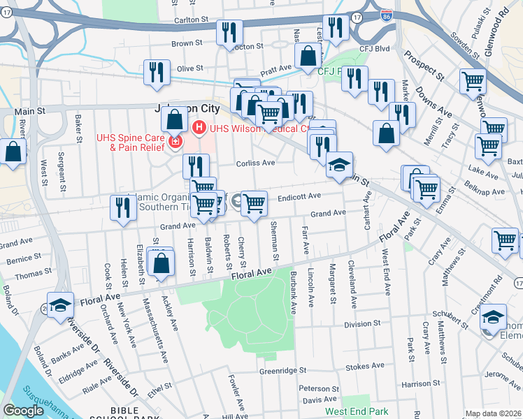 map of restaurants, bars, coffee shops, grocery stores, and more near 131 Grand Avenue in Johnson City