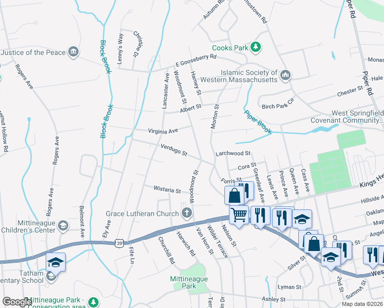 map of restaurants, bars, coffee shops, grocery stores, and more near 56 Verdugo Street in West Springfield
