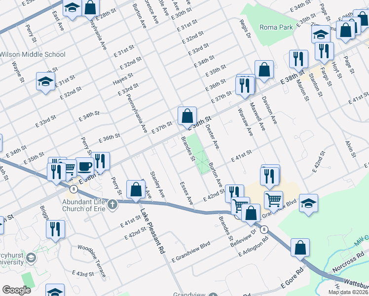 map of restaurants, bars, coffee shops, grocery stores, and more near 1162 East 39th Street in Erie