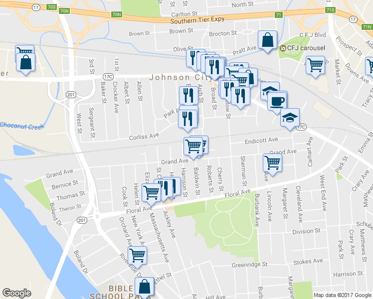 map of restaurants, bars, coffee shops, grocery stores, and more near 143 Harrison St in Johnson City