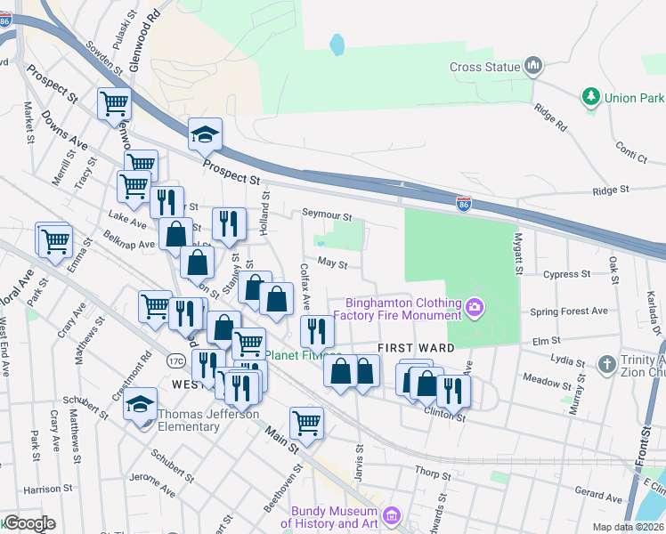 map of restaurants, bars, coffee shops, grocery stores, and more near 18 May Street in Binghamton