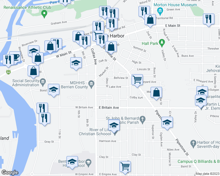 map of restaurants, bars, coffee shops, grocery stores, and more near 182 Lake Avenue in Benton Harbor