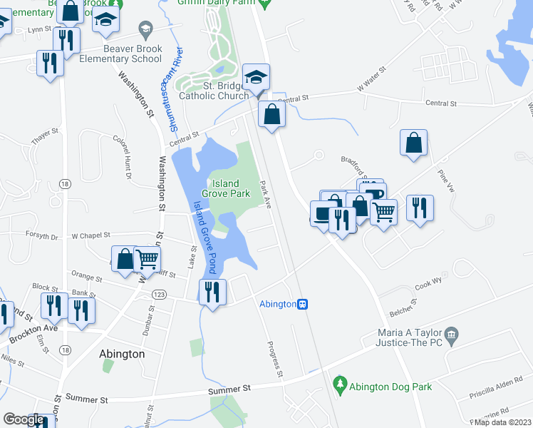 map of restaurants, bars, coffee shops, grocery stores, and more near 104 Park Avenue in Abington