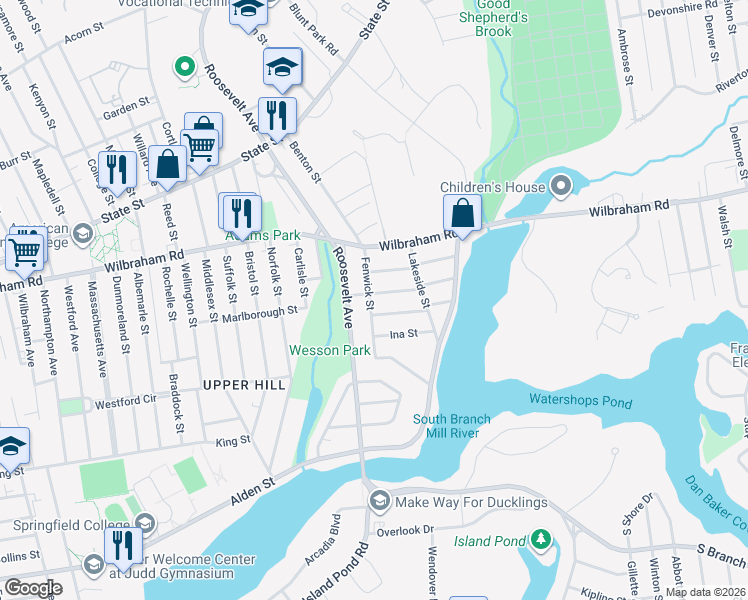map of restaurants, bars, coffee shops, grocery stores, and more near 61 Fenwick Street in Springfield