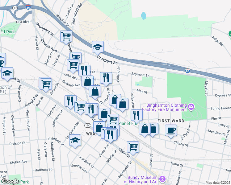 map of restaurants, bars, coffee shops, grocery stores, and more near 28 Wilson Street in Binghamton